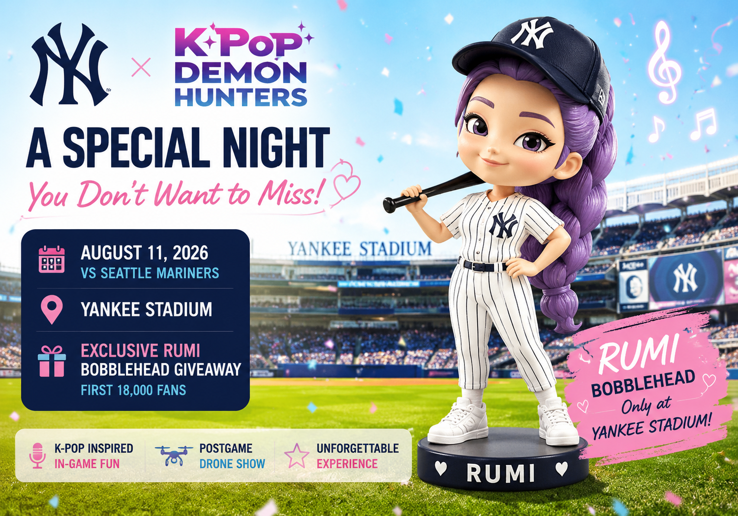 Yankees✖︎Netflix K-POP Demon Hunters RUMI Yankees x KPop Demon Hunters Night 2026: Rumi Bobblehead Giveaway